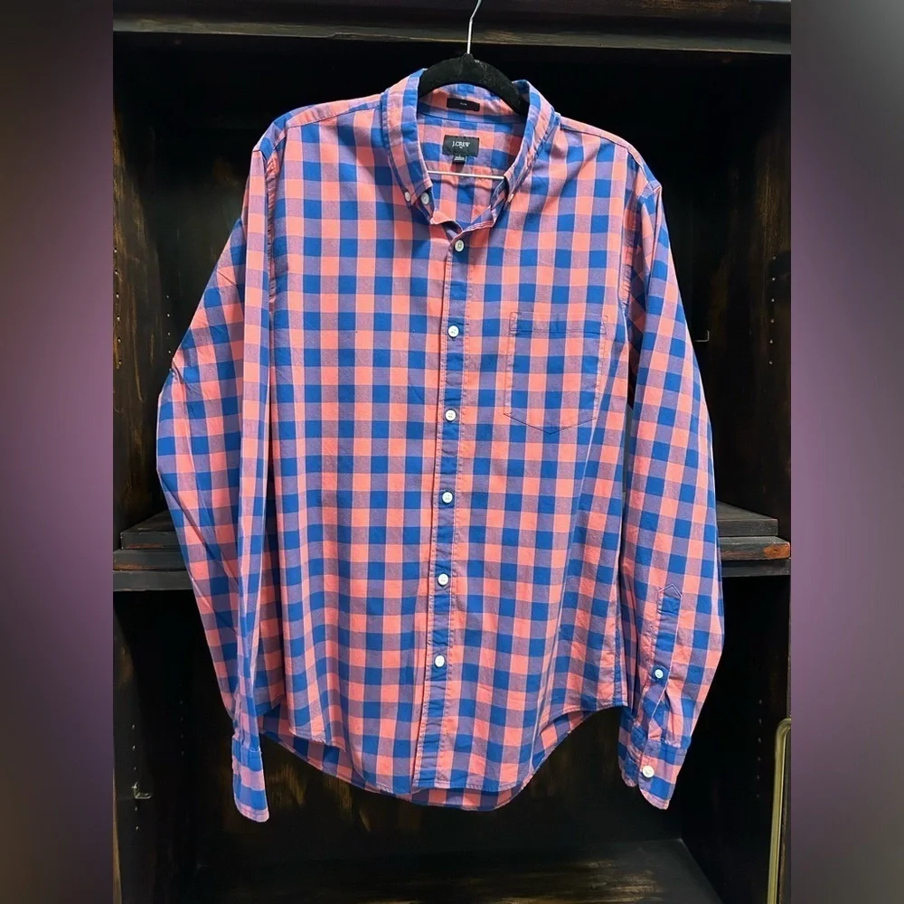 J. Crew Men’s Slim Fit Full Button Collared Dress Shirt  Large Pink Blue Plaid
